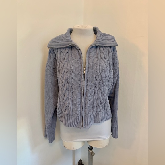 Hippie Rose "Soft & Cozy" Chenille Cable-Knit Zip-Up Sweater Blue Cardigan Large - Picture 4 of 8